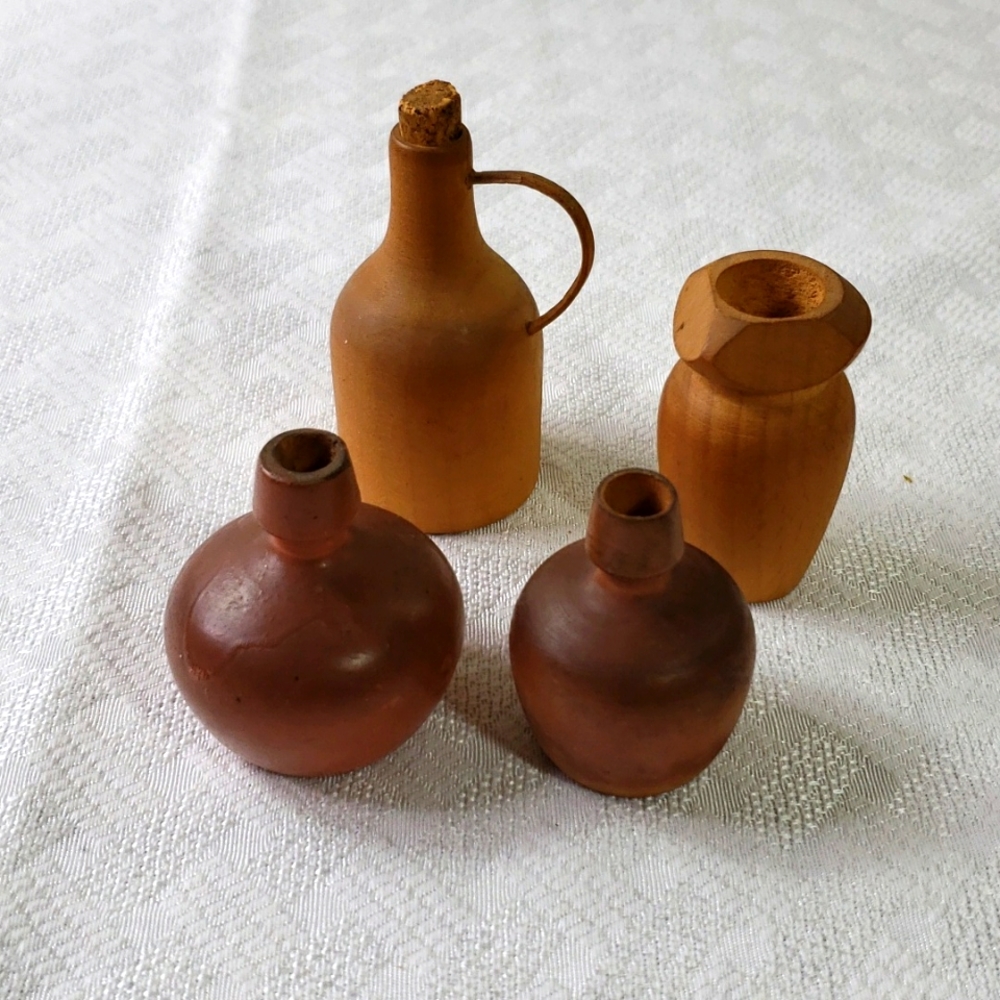 4 vintage miniature wooden vessels